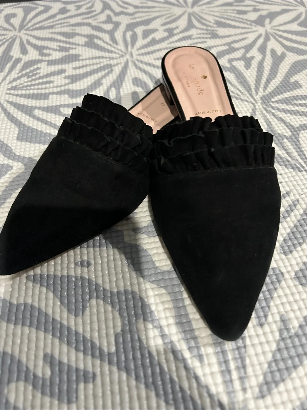 kate spade Black Suede Pointed Ruffle Mules